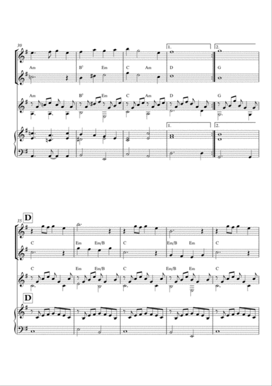 Melodious Instrumental Interlude 2'07 in E minor for 2 flutes, guitar and/or piano by Simon Peberdy Small Ensemble scores gallery preview page 5