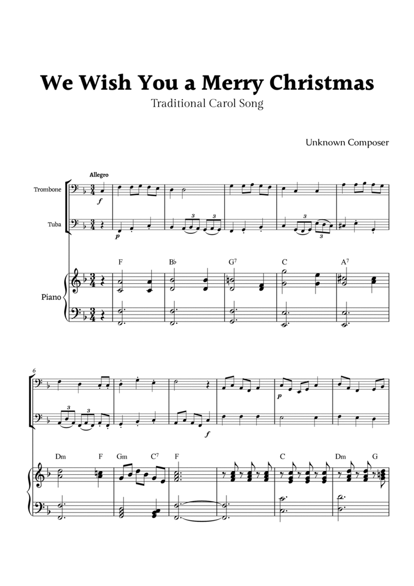 We Wish you a Merry Christmas for Trombone and Tuba Duet with Piano image number null