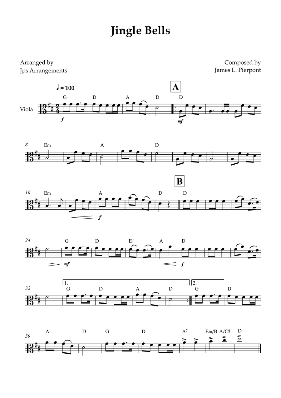 Jingle Bells for Viola Viola Solo scores gallery preview page 1