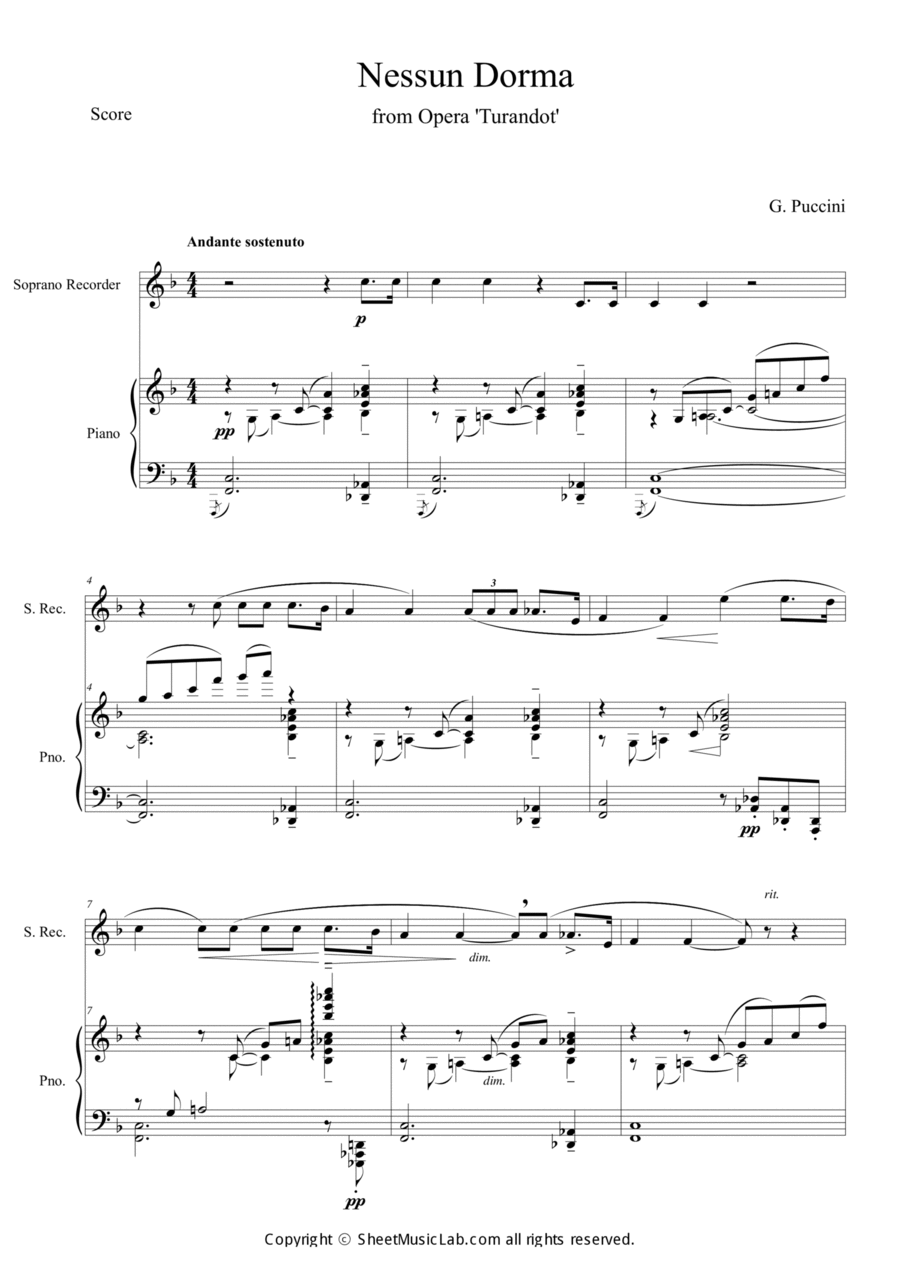 Nessun Dorma (Opera Turandot aria) Soprano Recorder scores gallery preview page 1