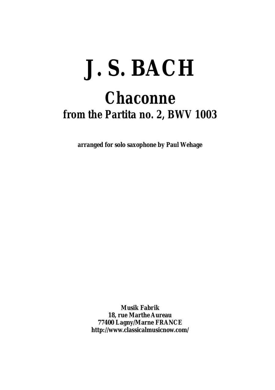J. S. Bach: Chaconne from the Partita no. 2, BWV 1003 Arranged for Solo Saxophone Woodwind Quartet scores gallery preview page 1
