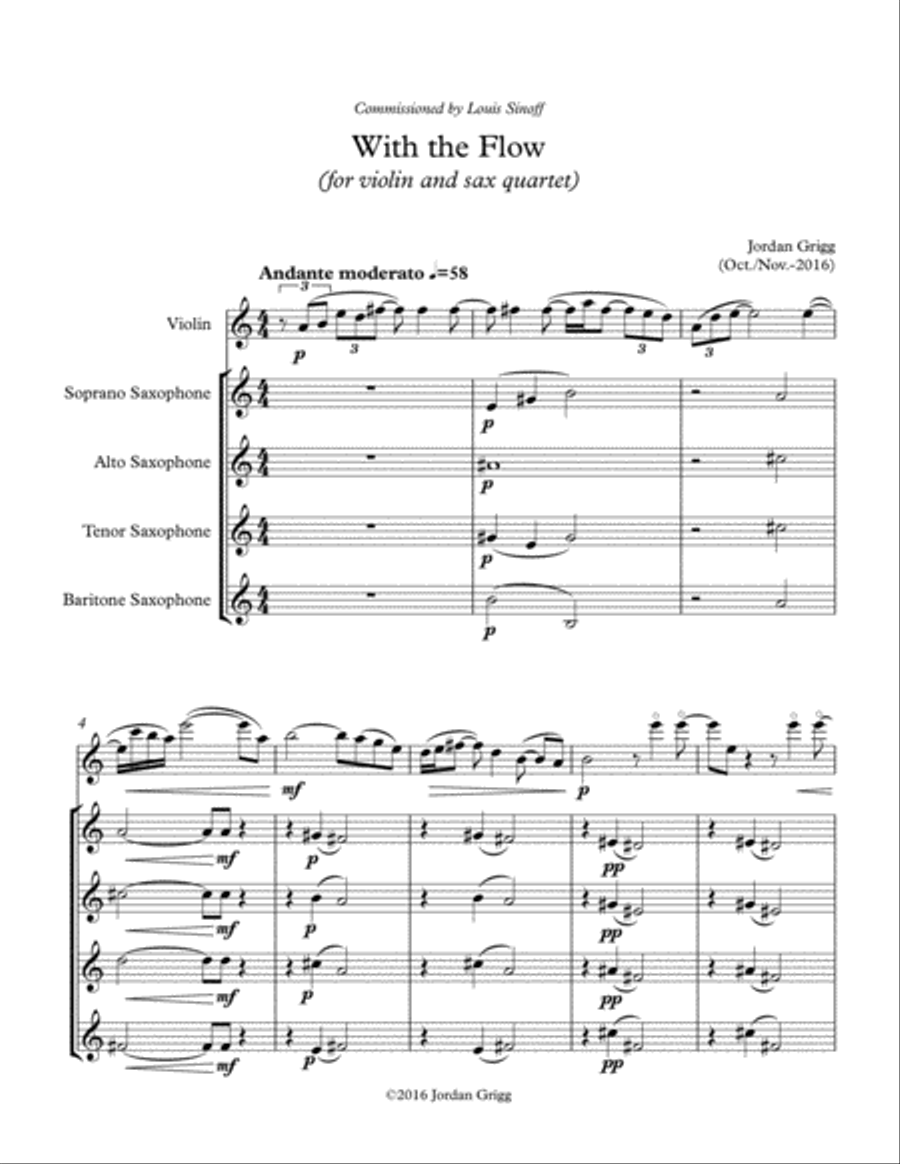 With the Flow (for violin and sax quartet) Saxophone Quartet scores gallery preview page 1