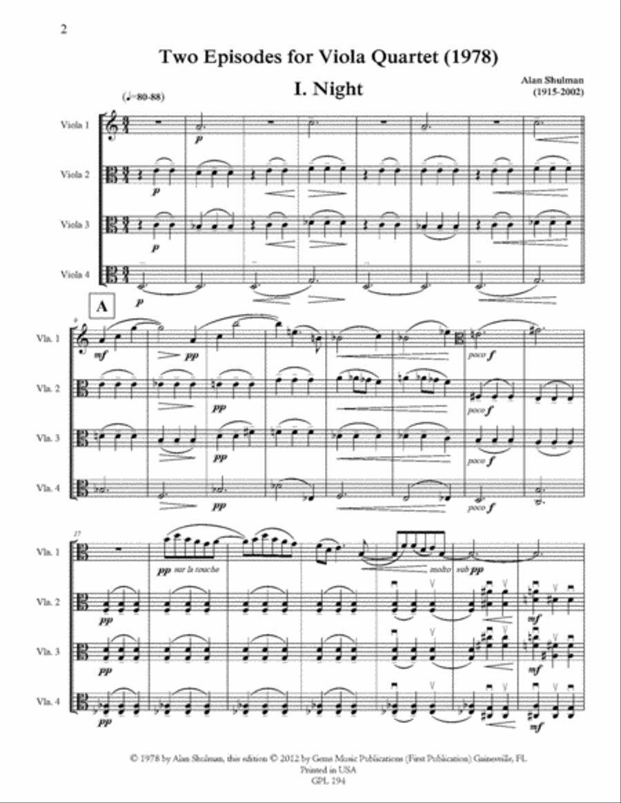 Two Episodes (Night and Ancora) for Viola Quartet (1978) Viola scores gallery preview page 2