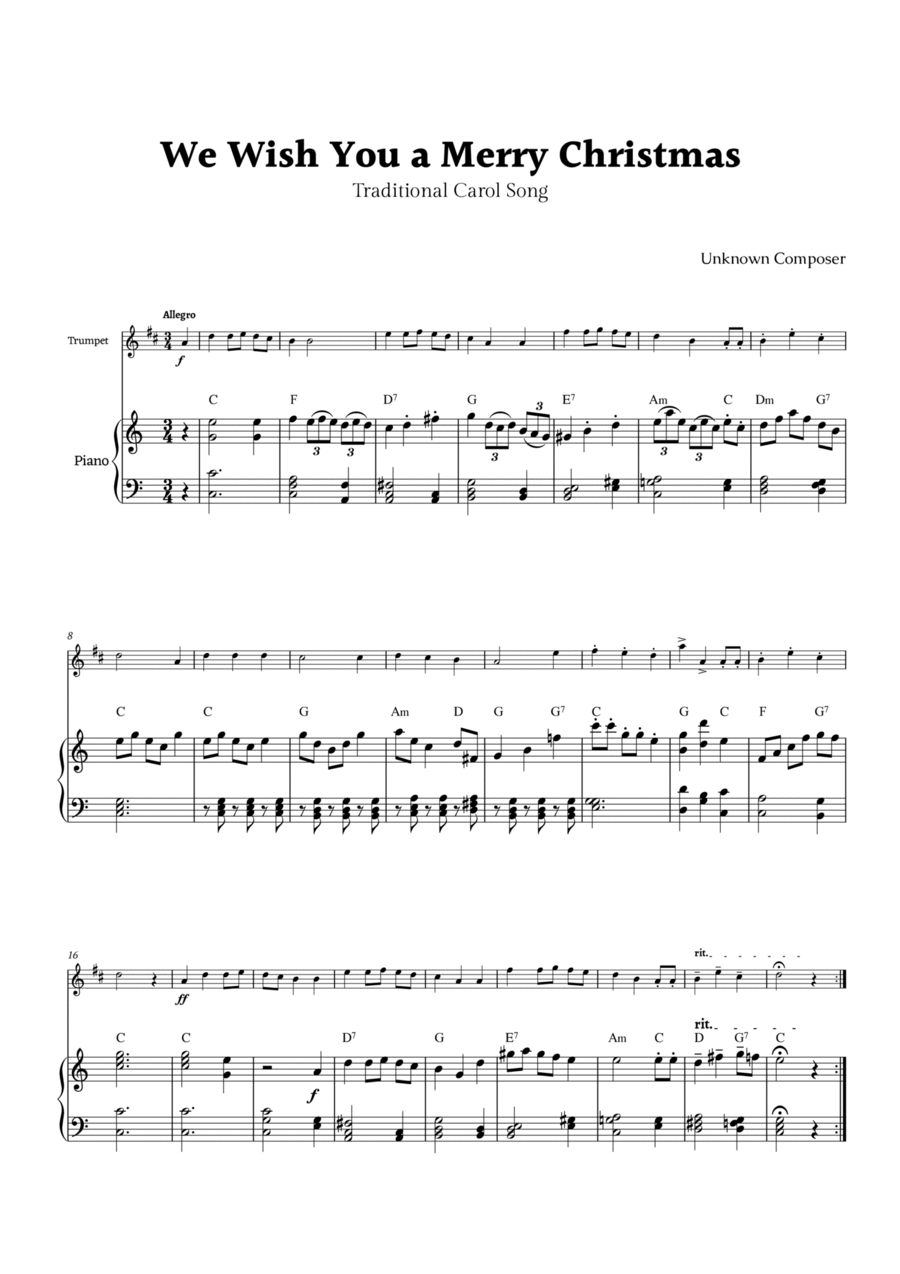 We Wish you a Merry Christmas for Trumpet and Piano Chamber Music scores gallery preview page 1