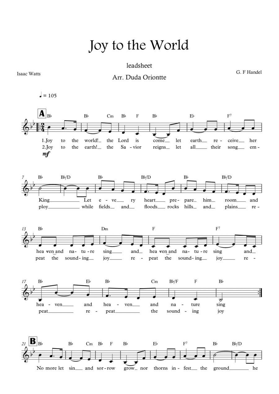 Joy to the World (Bb major - leadsheet - with lyrics) Easy Piano scores gallery preview page 1