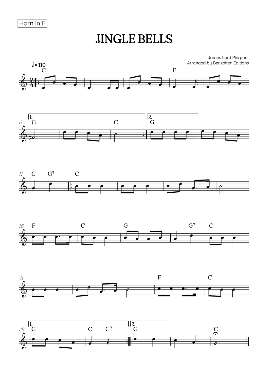 Jingle Bells • Christmas Song | french horn sheet music [chords] Horn Solo scores gallery preview page 1