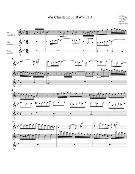Wir Christenleut' BWV 710 for organ from Kirnberger Chorales (arrangement for 3 recorders)