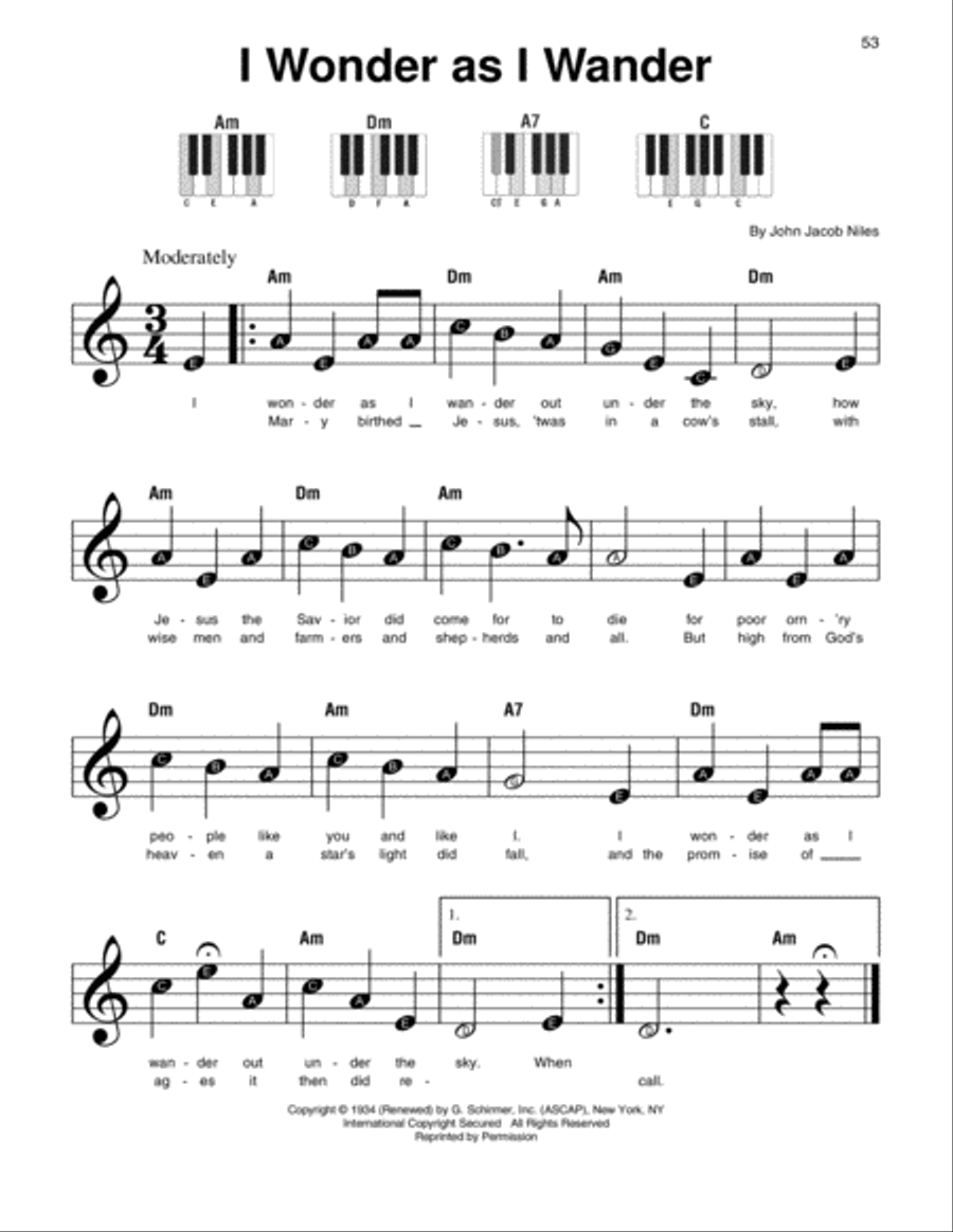 I Wonder As I Wander Easy Piano scores gallery preview page 1
