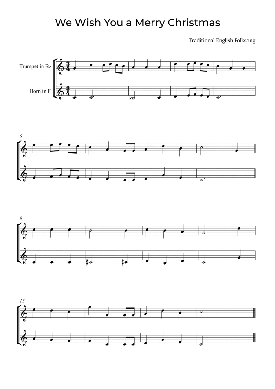 We Wish You a Merry Christmas - Trumpet and Horn Brass Duet scores gallery preview page 1