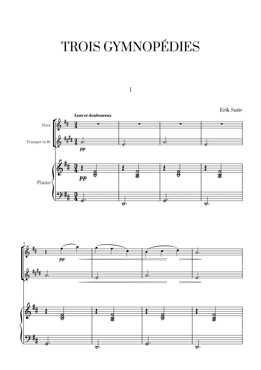 Erik Satie - 3 Gymnopédies (for Flute, Trumpet and Piano) Flute scores gallery preview page 1