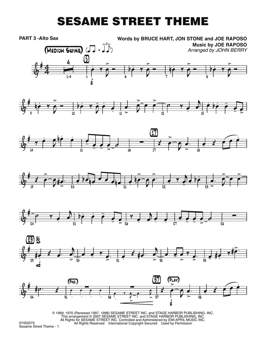 Sesame Street Theme - Part 3 - Eb Alto Sax Jazz Ensemble scores gallery preview page 1