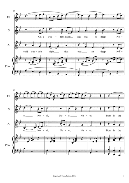 The First Noel for SA solo voices or 2 – part choir, piano and flute.