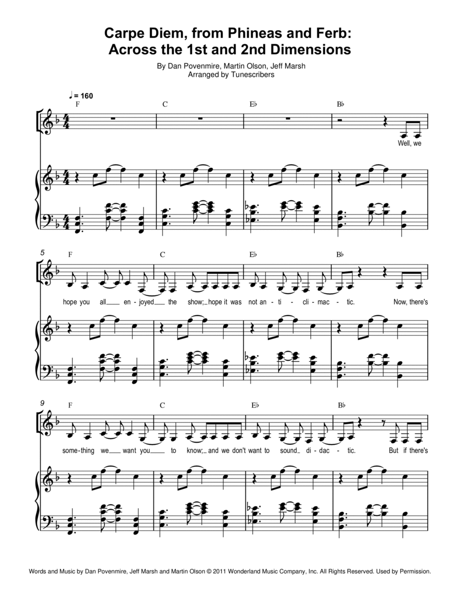 Carpe Diem, from Phineas and Ferb: Across the 1st and 2nd Dimensions Voice scores gallery preview page 1