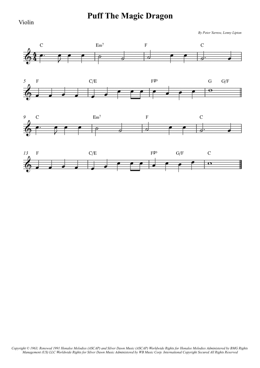 Puff The Magic Dragon Puff The Magic Dragon Violin Solo scores gallery preview page 1