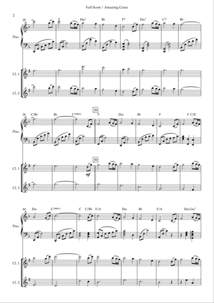 Amazing Grace (John Newton, E. O. Excell) for Clarinet in Bb Duo and Piano Accompaniment with Chords Woodwind Duet scores gallery preview page 2