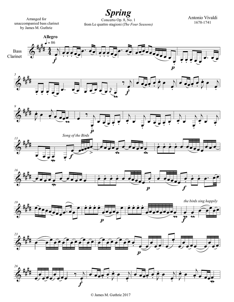 Vivaldi - The Four Seasons: Spring for Solo Bass Clarinet Bass Clarinet scores gallery preview page 1