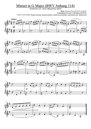 Petzold (NOT Bach!) - Minuet in G Major (BWV Anhang 114) - G-clef piano/harp (GCP/GCH) arrangement