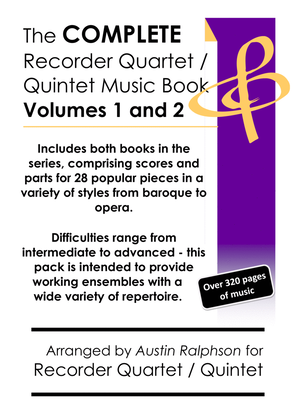 Book cover for COMPLETE recorder quartet / quintet music mega-bundle book - 28 essential pieces (volumes 1 + 2)