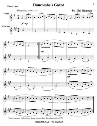 Duncombe's Gavot-Mixed Chamber Duet 22-violin/clarinet