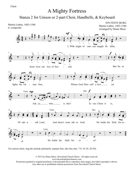 A Mighty Fortress - Hymn stanza #2 (Unison or 2-part choir, handbells, and keyboard) image number null