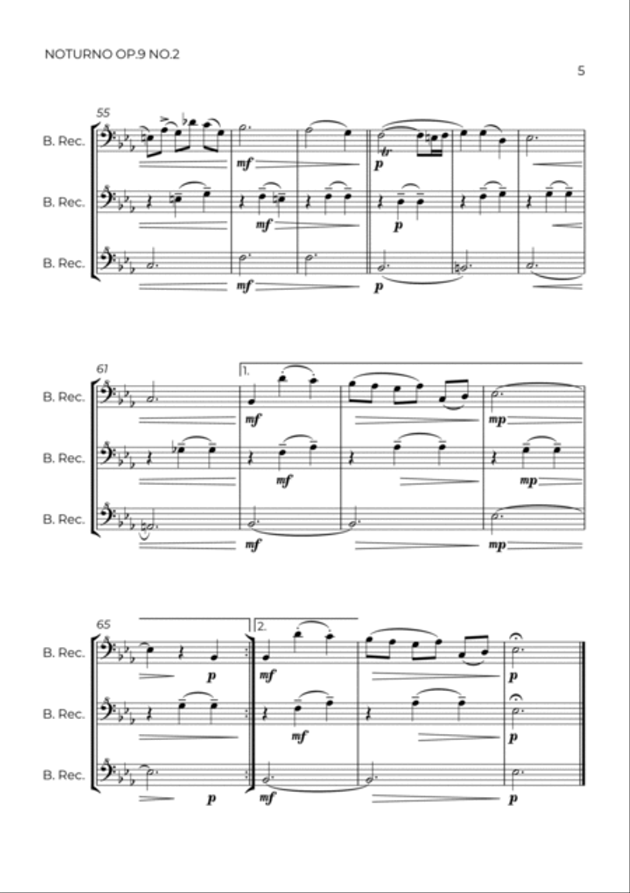 NOTURNO OP.9 NO.2 - CHOPIN – BASS RECORDER TRIO Woodwind Ensemble scores gallery preview page 5