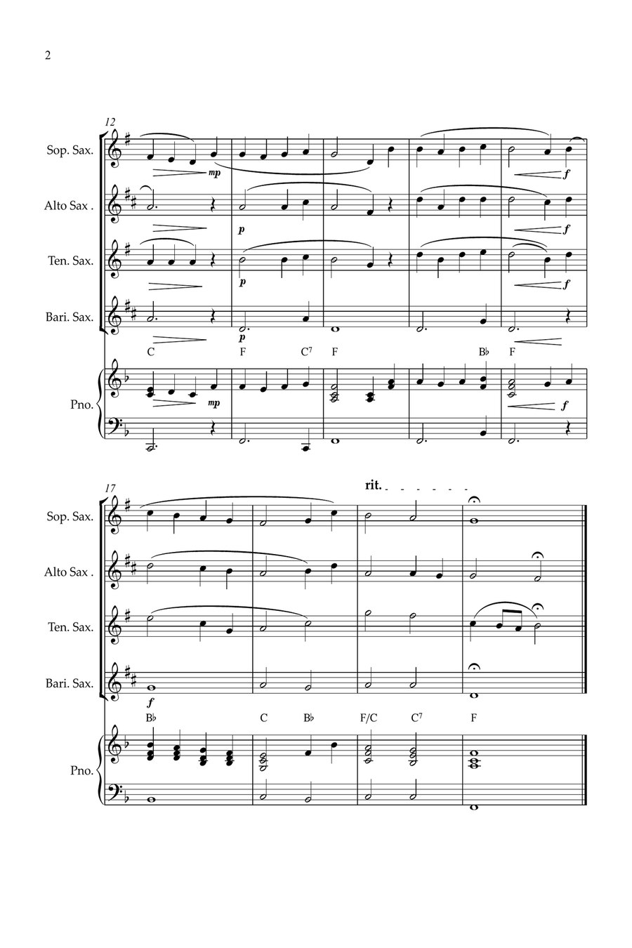 O Come, All Ye Faithful for Sax quartet and piano Woodwind Ensemble scores gallery preview page 2