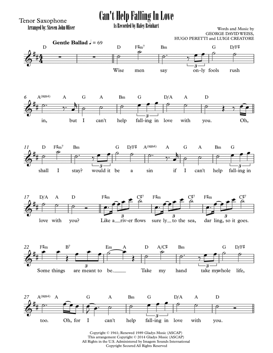 Can't Help Falling In Love Tenor Saxophone scores gallery preview page 1