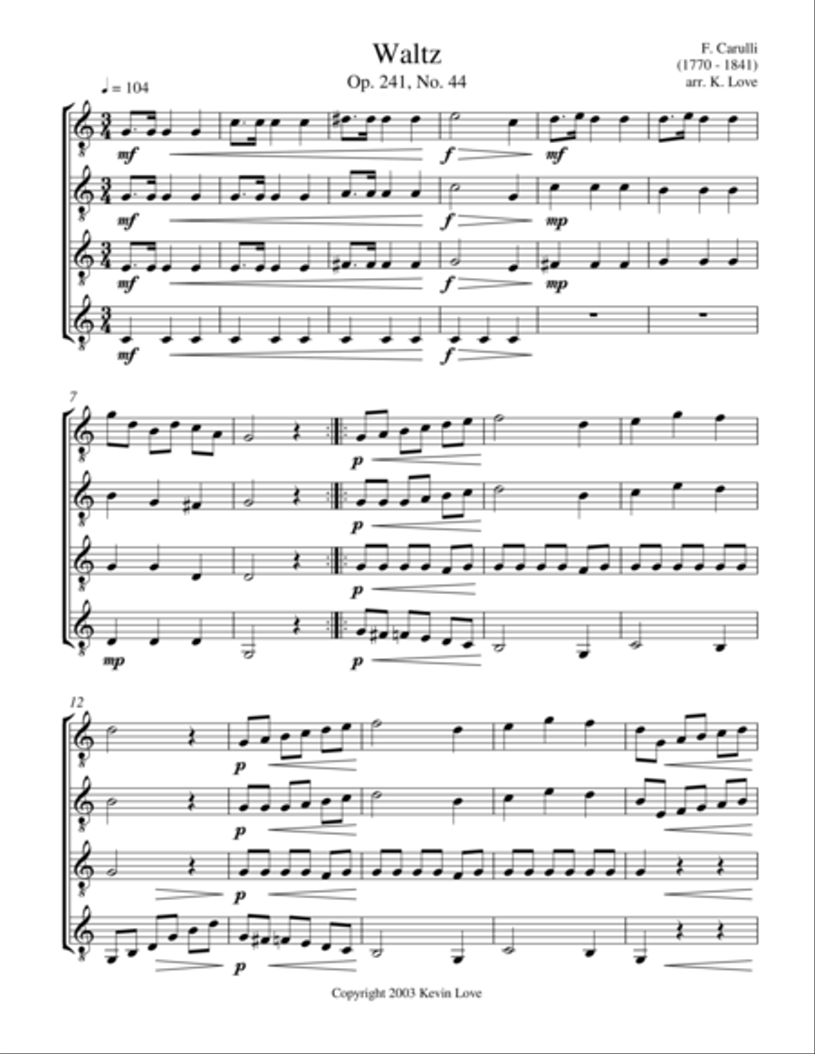 Waltz, Op. 241, No. 44 (Guitar Quartet) - Score and Parts Guitar Ensemble scores gallery preview page 1