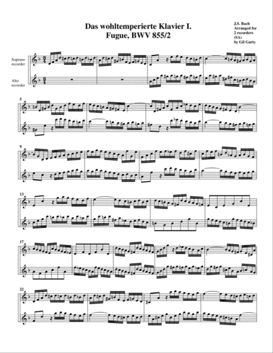 Fugue from Das wohltemperierte Klavier I, BWV 855/II (arrangement for 2 recorders) Woodwind Duet scores gallery preview page 1