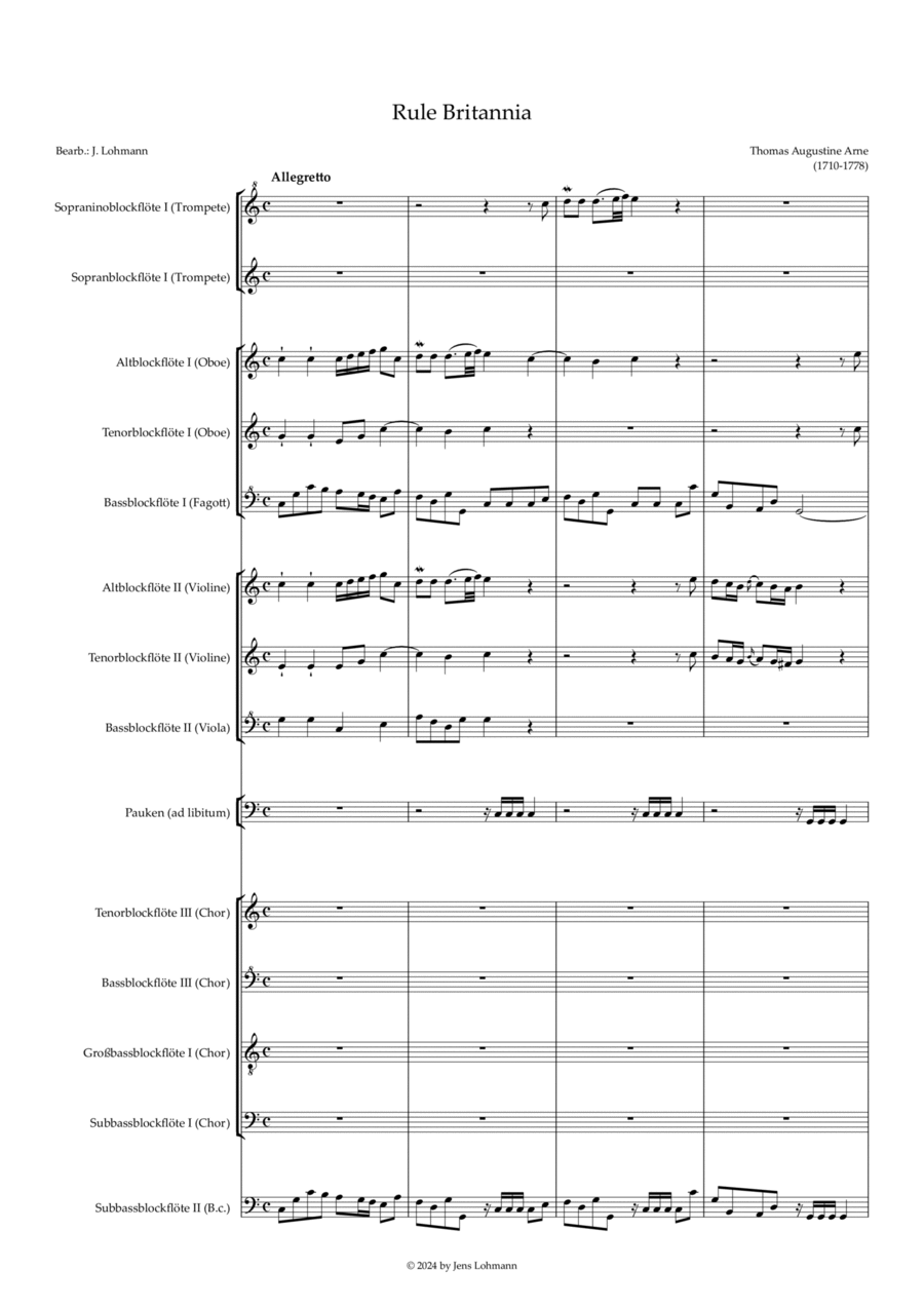 Rule, Britannia Soprano Recorder scores gallery preview page 1