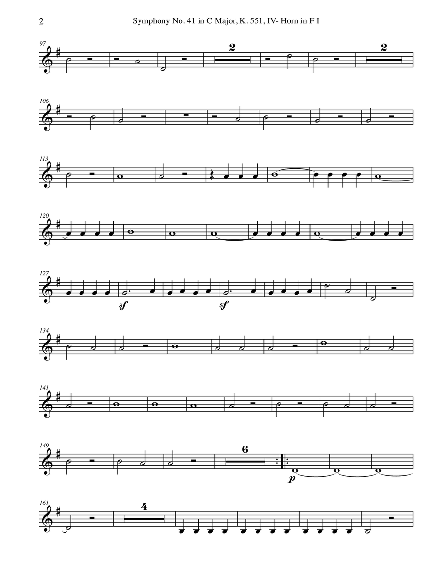 Mozart Symphony No. 41, Jupiter, Movement IV - Horn in F 1 (Transposed Part), K. 551 Horn Solo scores gallery preview page 2