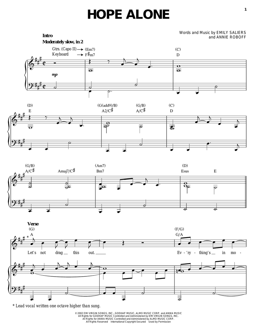 Hope Alone Hope Alone Piano, Vocal, Guitar scores gallery preview page 1