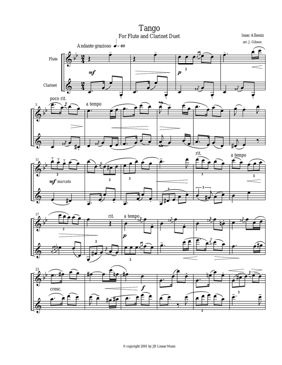 Tango by Albeniz for flute and clarinet duet Woodwind Duet scores gallery preview page 1