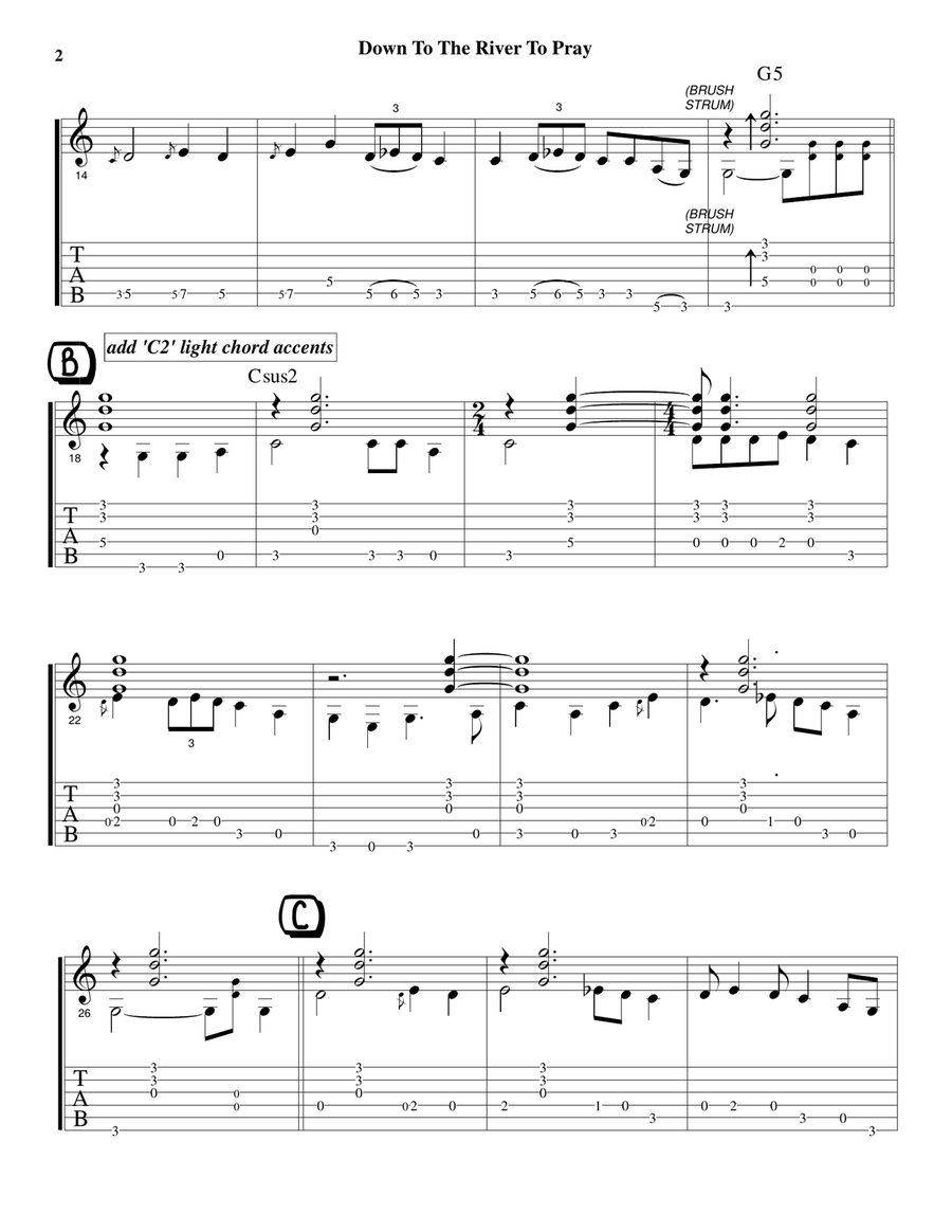 Down To The River To Pray (Guitar fingerstyle, in standard notation with TABS) Acoustic Guitar scores gallery preview page 3