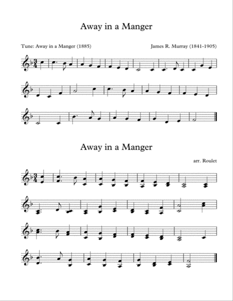 Away In A Manger (arr. Patrick Roulet) Christmas scores gallery preview page 1