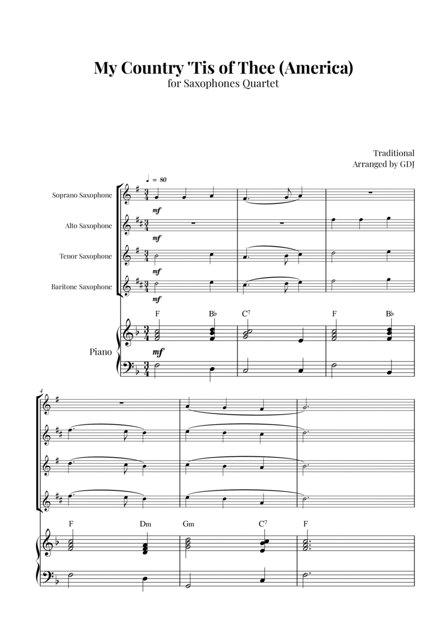 My Country 'Tis of Thee (America) Saxophone Quartet scores gallery preview page 1