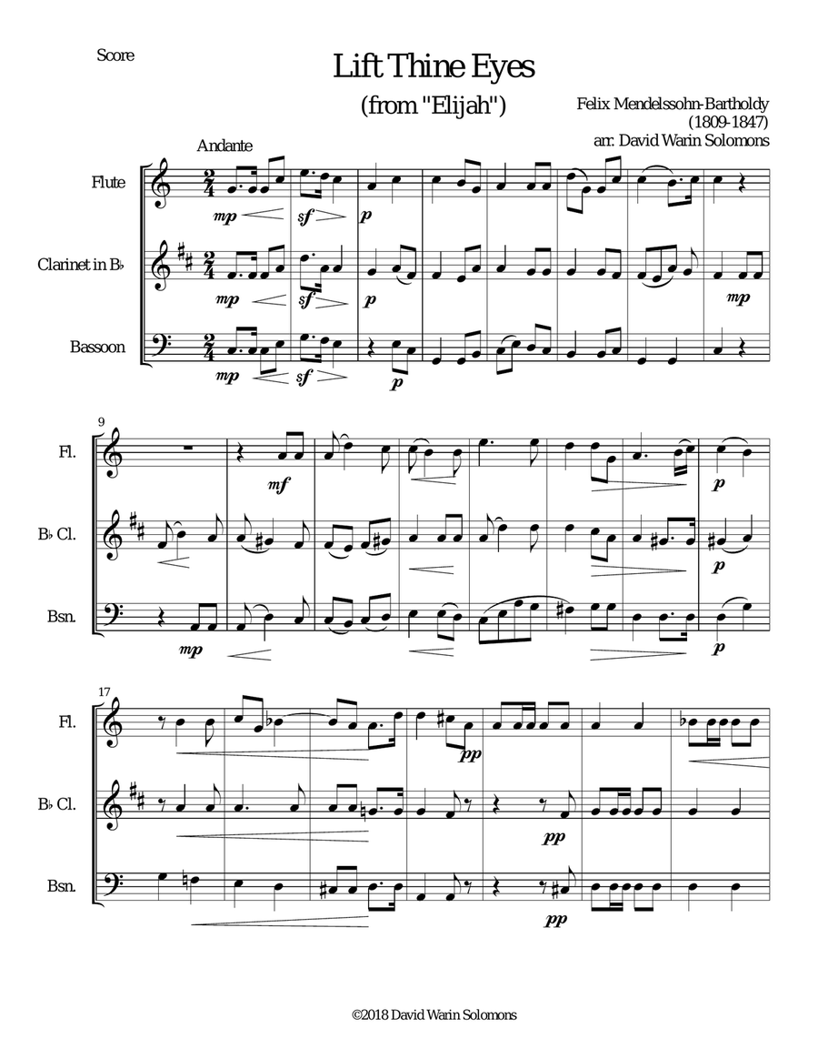 Lift thine eyes (from Elijah) for flute, clarinet and bassoon Lift thine eyes (from Elijah) for flute, clarinet and bassoon Woodwind Trio scores gallery preview page 1