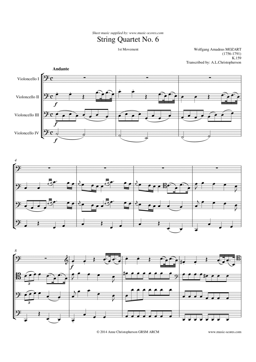 Book cover for K159 - String Quartet no.6, 1st movement - Andante - 4 Cellos