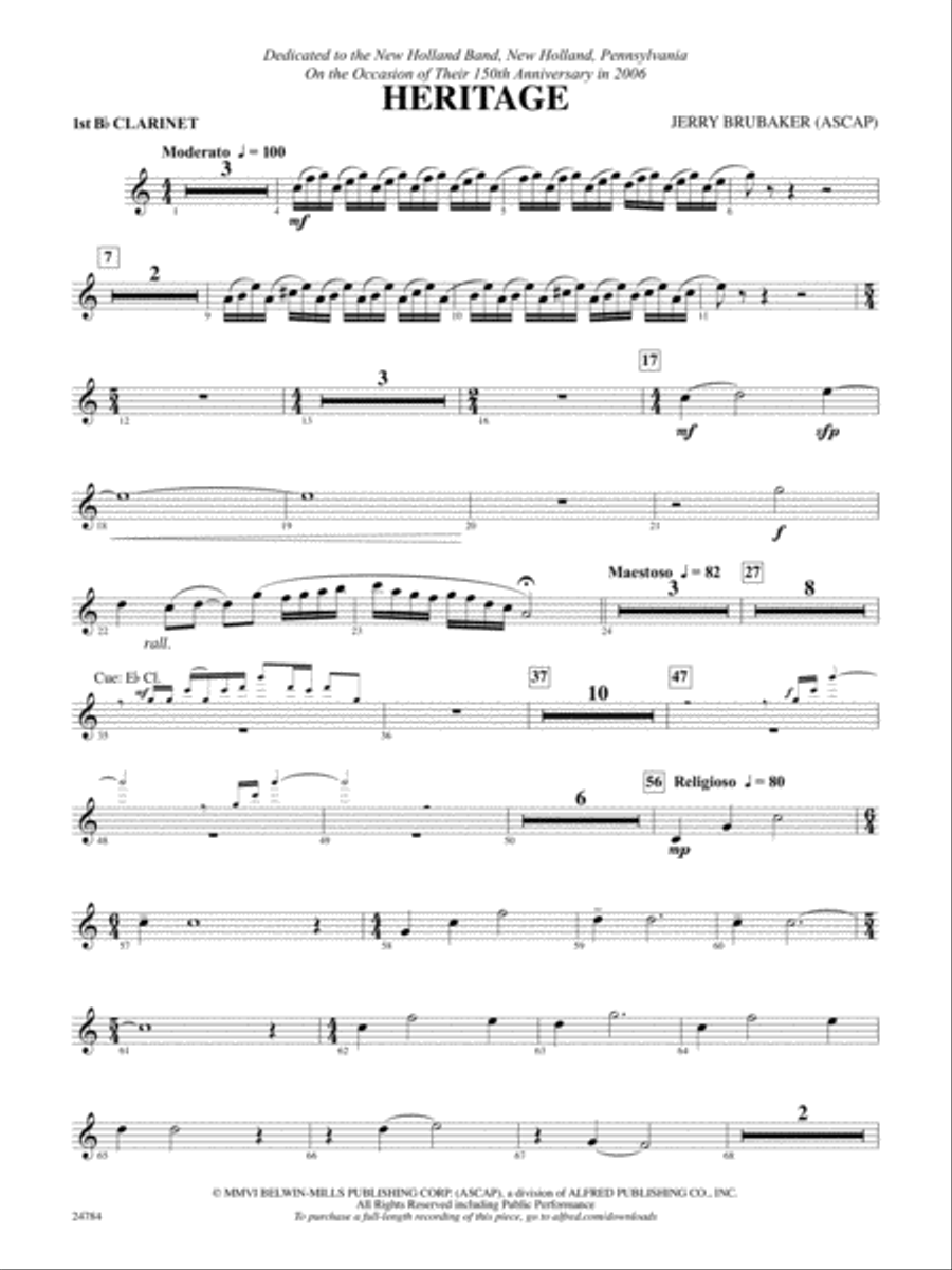 Heritage: 1st B-flat Clarinet Concert Band scores gallery preview page 1