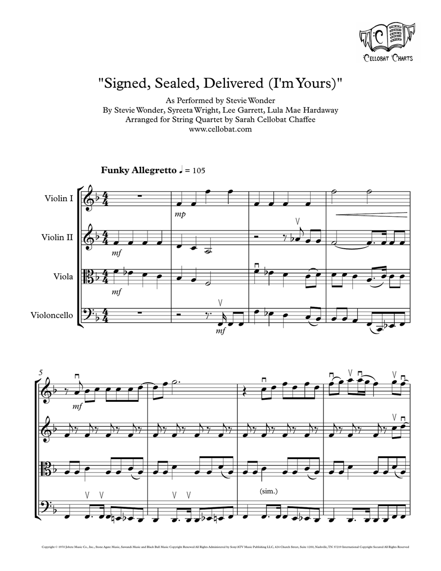 Signed, Sealed, Delivered I'm Yours by Stevie Wonder String Quartet - Digital Sheet Music