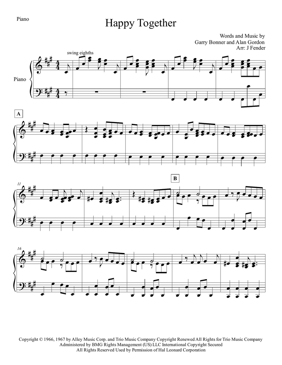 Happy Together Piano Solo scores gallery preview page 1