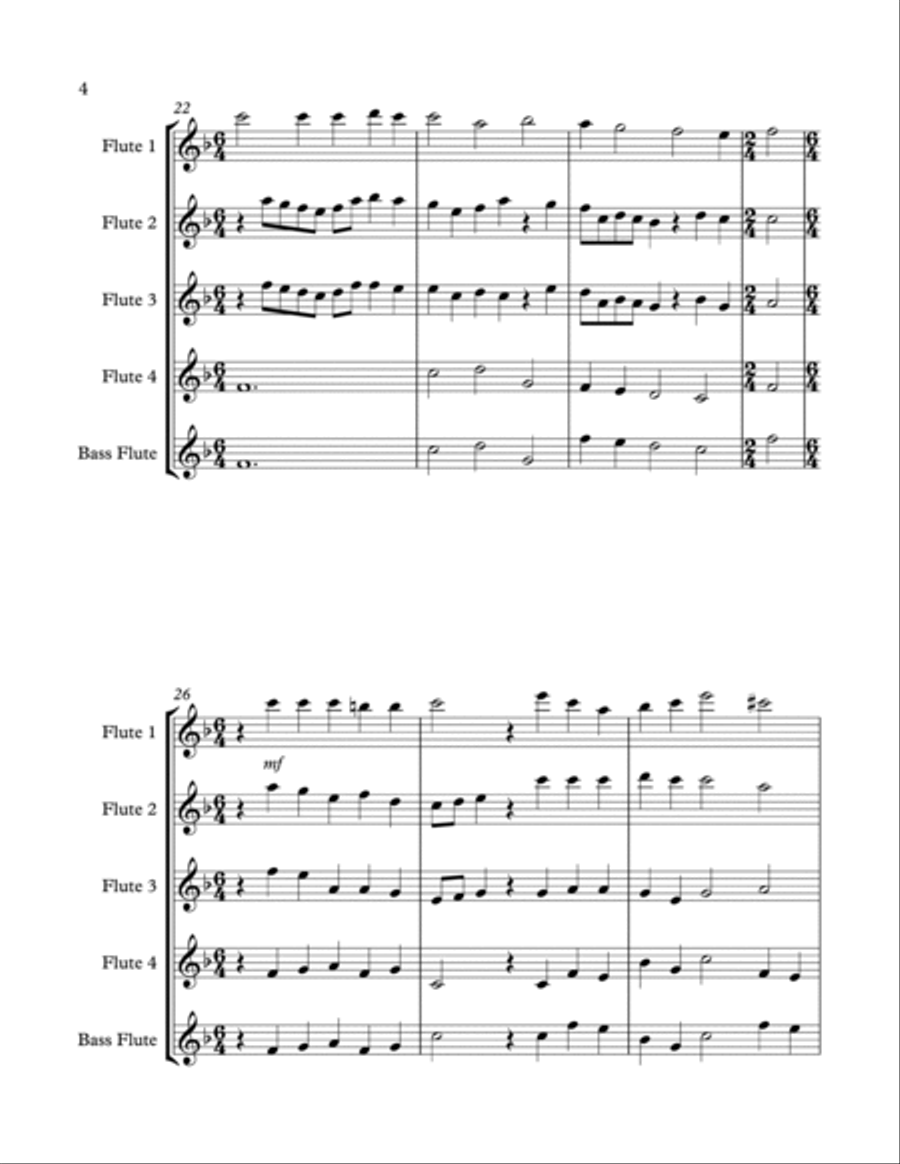 Lo, How a Rose E'er Blooming arranged for 4 C flutes or 3 C flutes and bass flute Flute Quartet scores gallery preview page 5