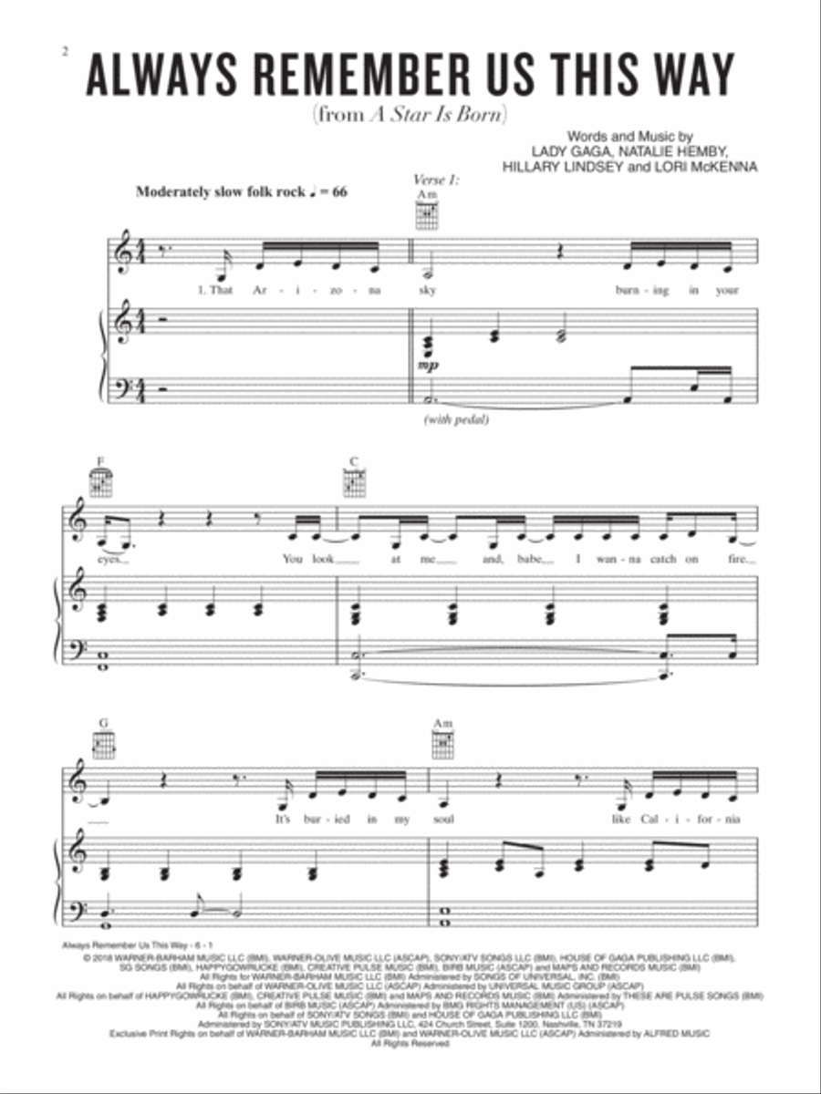 Always Remember Us This Way Piano, Vocal, Guitar scores gallery preview page 2