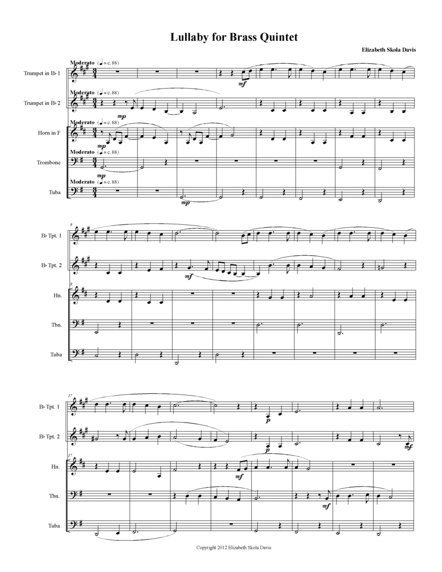 Lullaby for brass quintet Brass Quintet scores gallery preview page 1