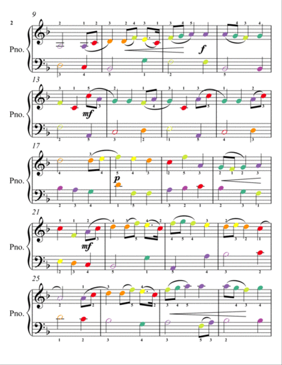 Jupiter the Easy Piano Sheet Music with Colored Notation by