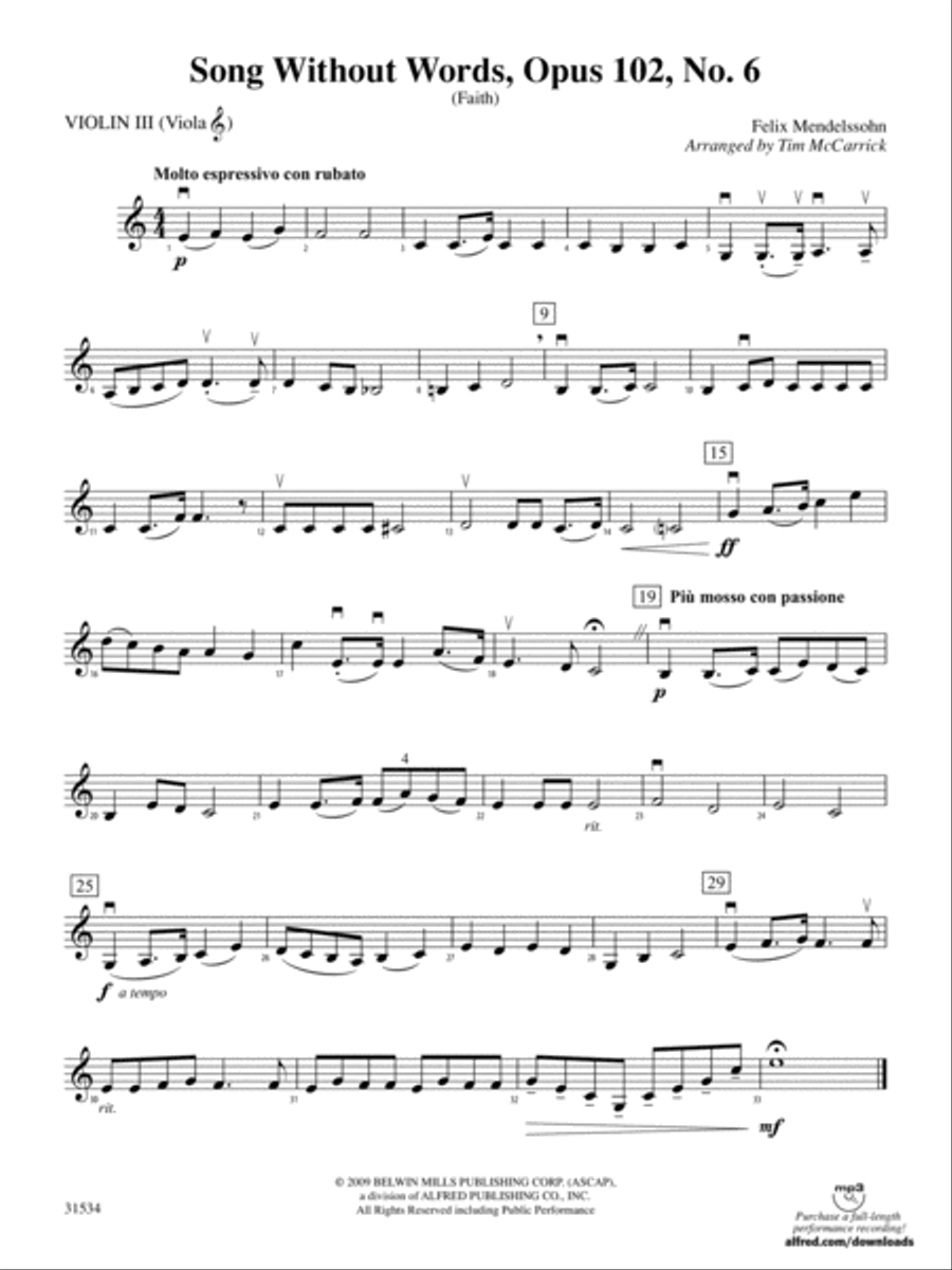 Song Without Words, Opus 102, No. 6 (Faith): 3rd Violin (Viola [TC]) String Orchestra scores gallery preview page 1