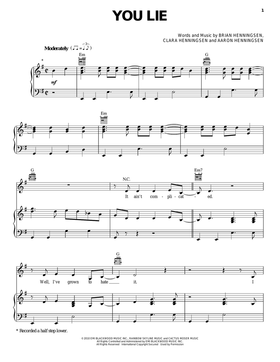 You Lie Piano, Vocal, Guitar scores gallery preview page 1