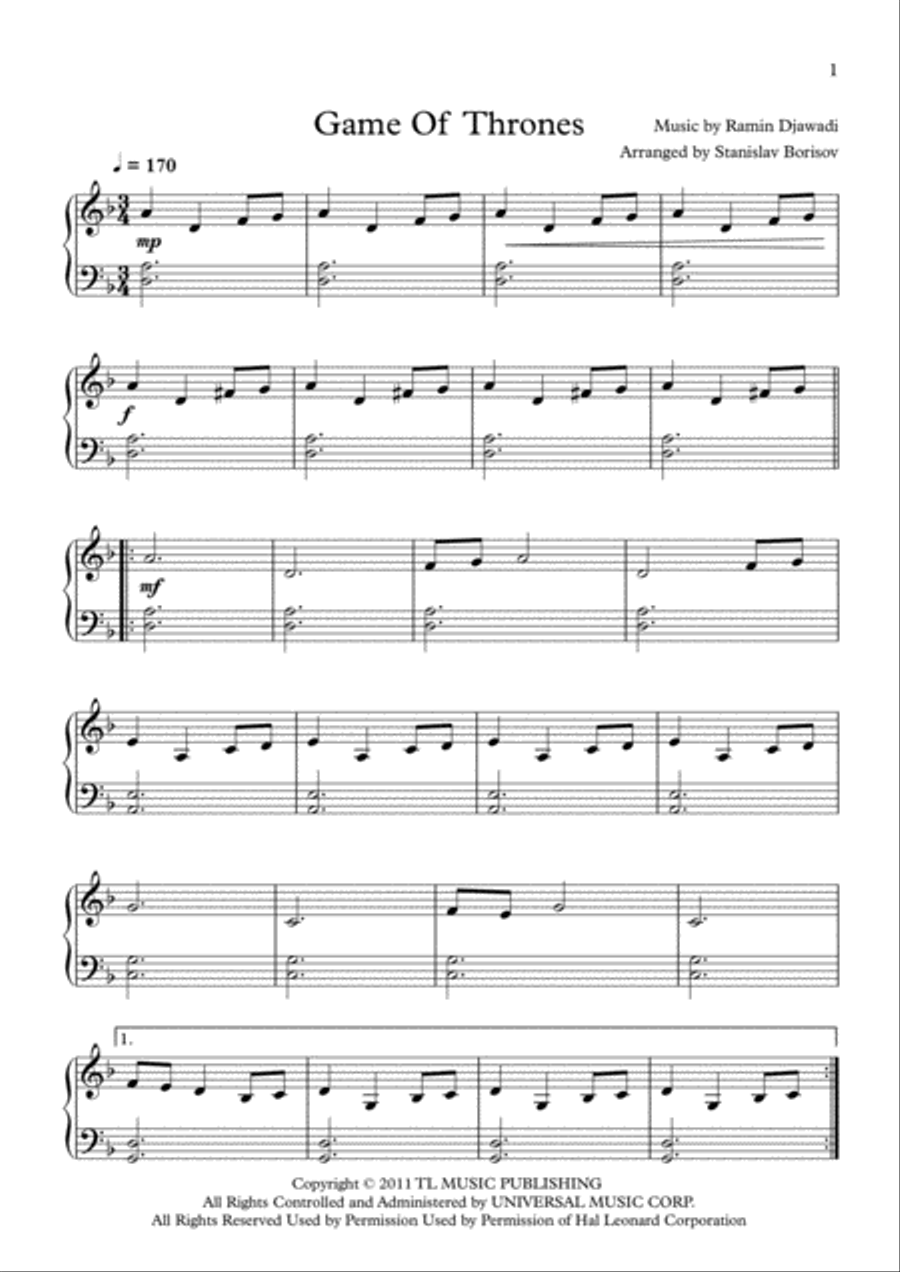 Game Of Thrones Easy Piano scores gallery preview page 1