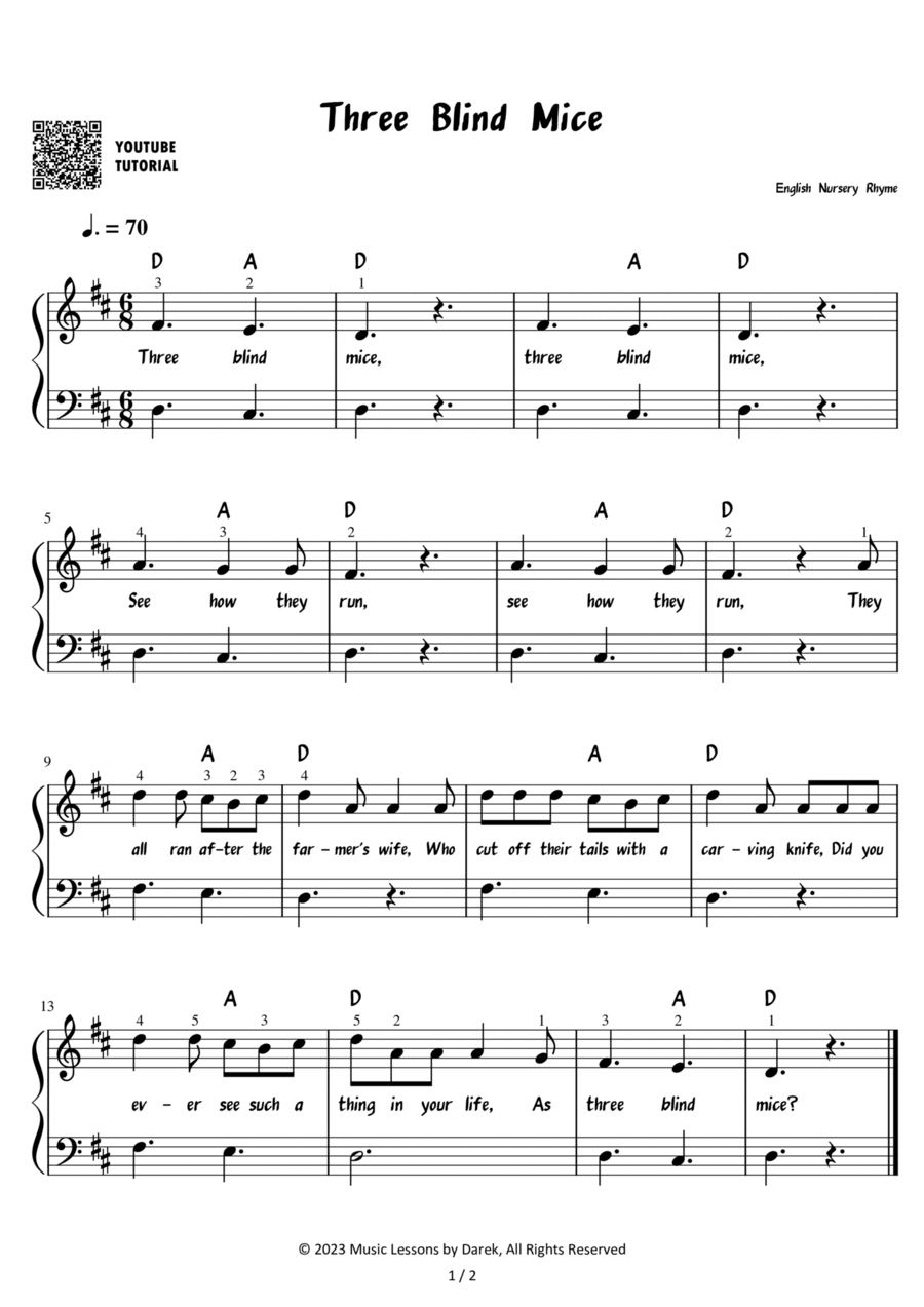 Three Blind Mice – English Nursery Rhyme [EASY] Easy Piano scores gallery preview page 1