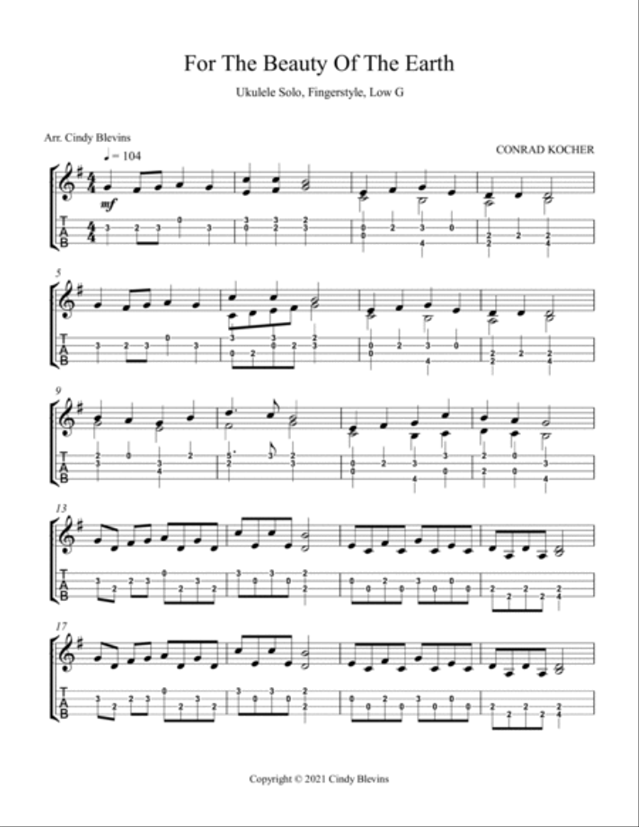 For The Beauty Of The Earth, Ukulele Solo, Fingerstyle, Low G Ukulele scores gallery preview page 2